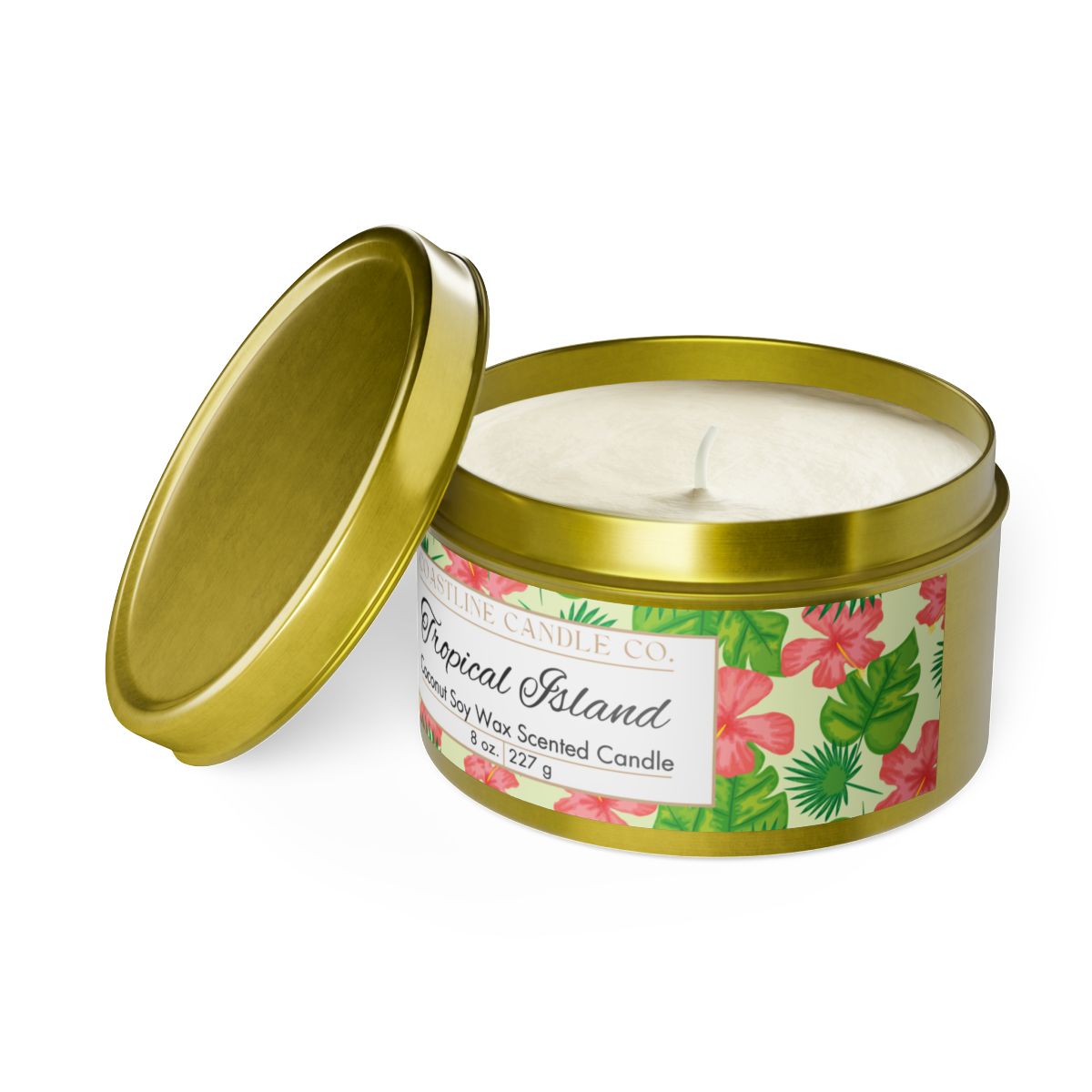 Tropical Island Scented Coconut Soy Wax Candle, 8 oz. Gold Tin Jar with Lid