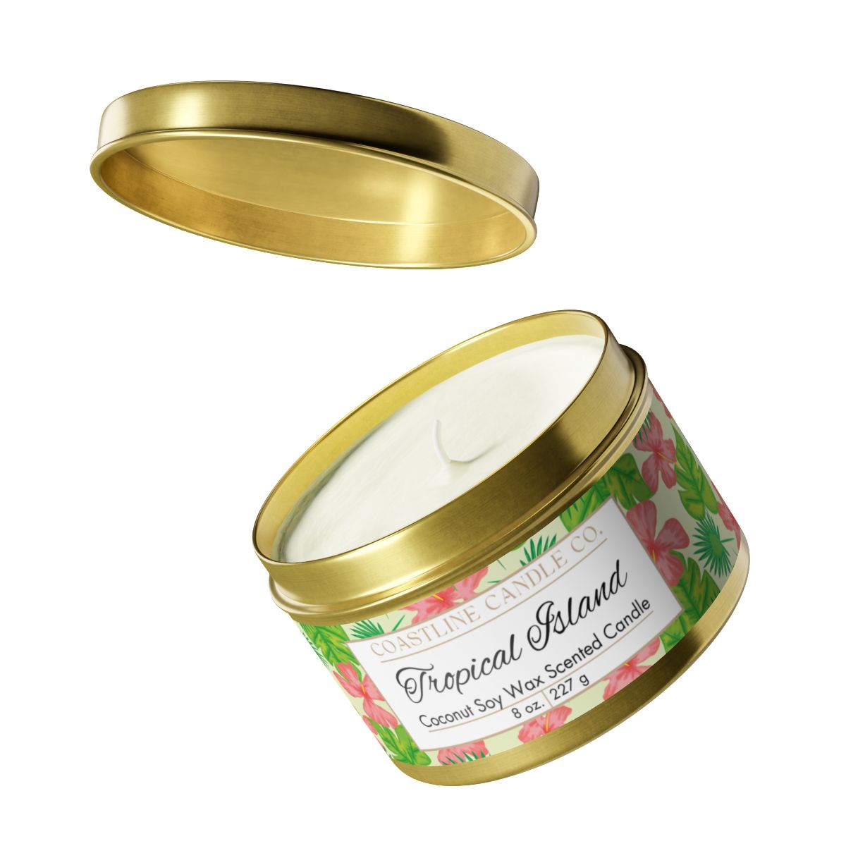 Tropical Island Scented Coconut Soy Wax Candle, 8 oz. Gold Tin Jar with Lid