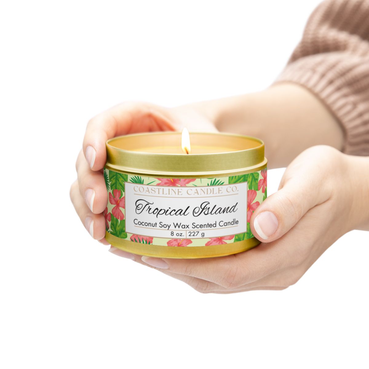 Tropical Island Scented Coconut Soy Wax Candle, 8 oz. Gold Tin Jar with Lid