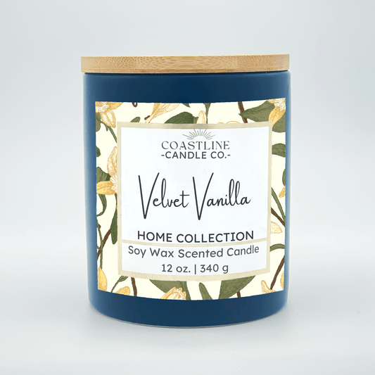 Velvet Vanilla Soy Wax Candle - Home Collection in 12 oz. Denim Blue Jar