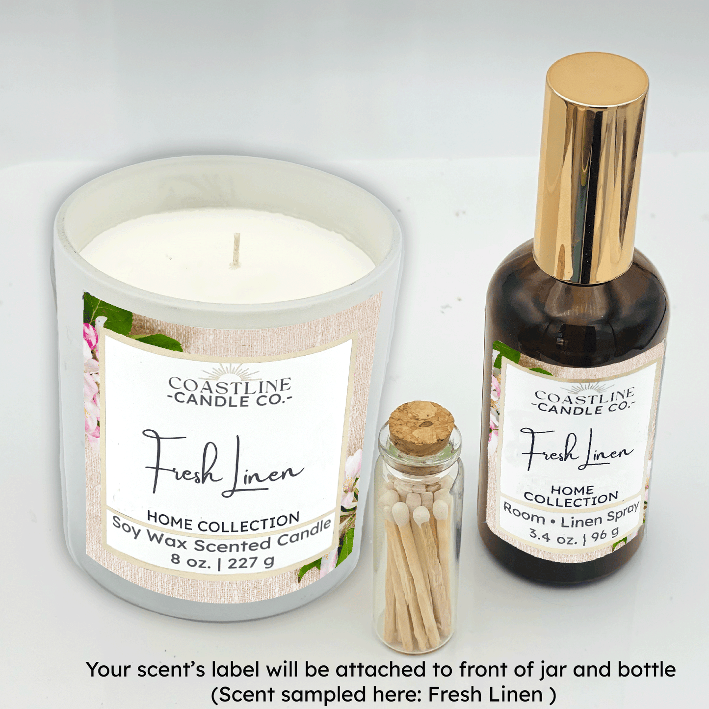 White 8 oz. Candle Jar & Room Spray Gift Set - your choice of scent with match stick bottle