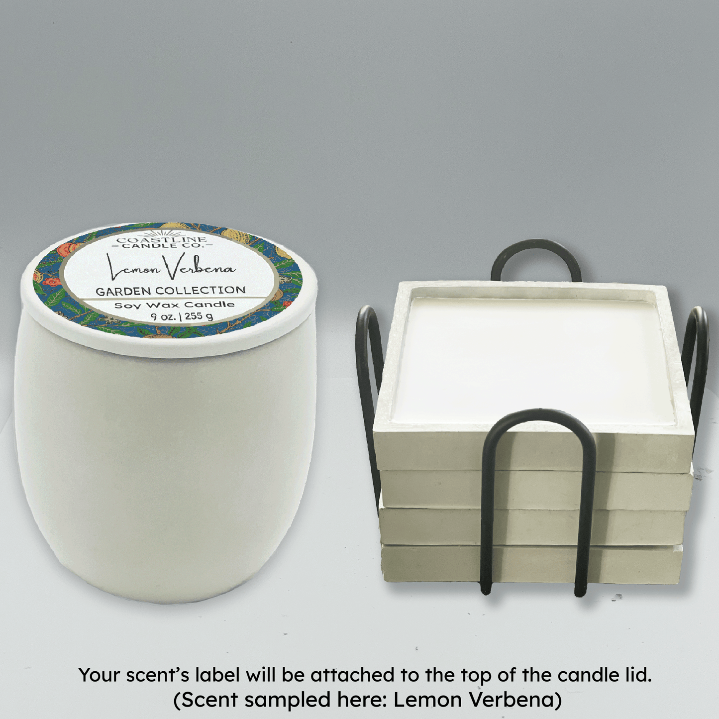 White Concrete Candle & Coasters with Holder Gift Set - your choice of scent