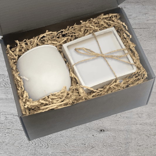 White Concrete Candle & Set of 4 Coasters Gift Set - your choice of scent