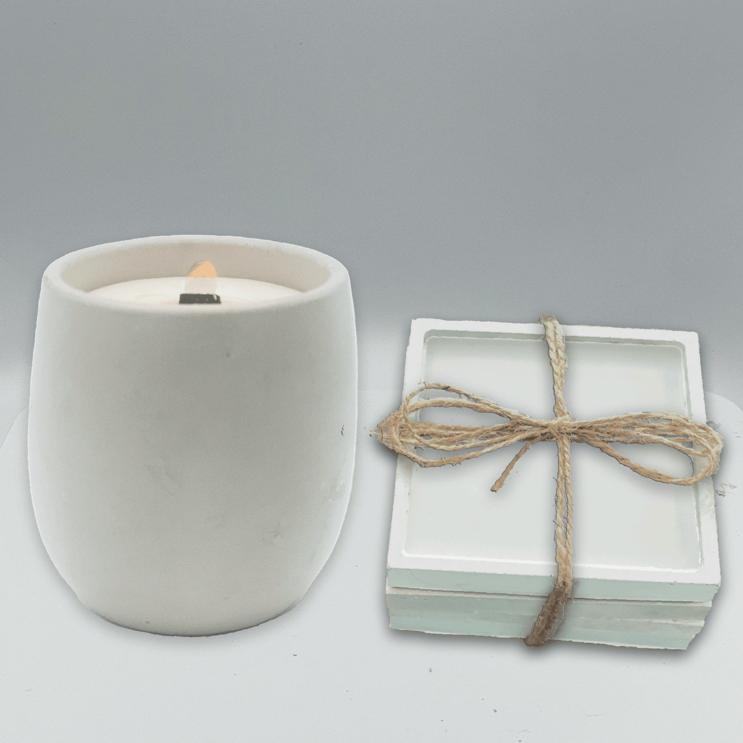 White Concrete Candle & Set of 4 Coasters Gift Set - your choice of scent