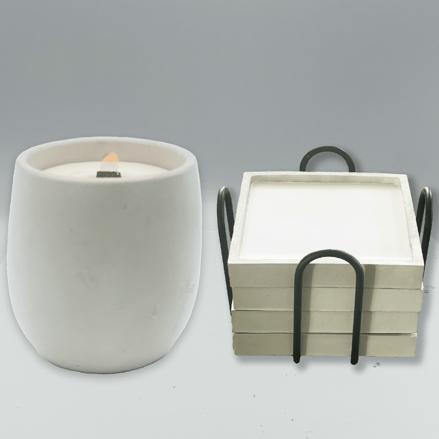 White Concrete Candle & Coasters with Holder Gift Set - your choice of scent