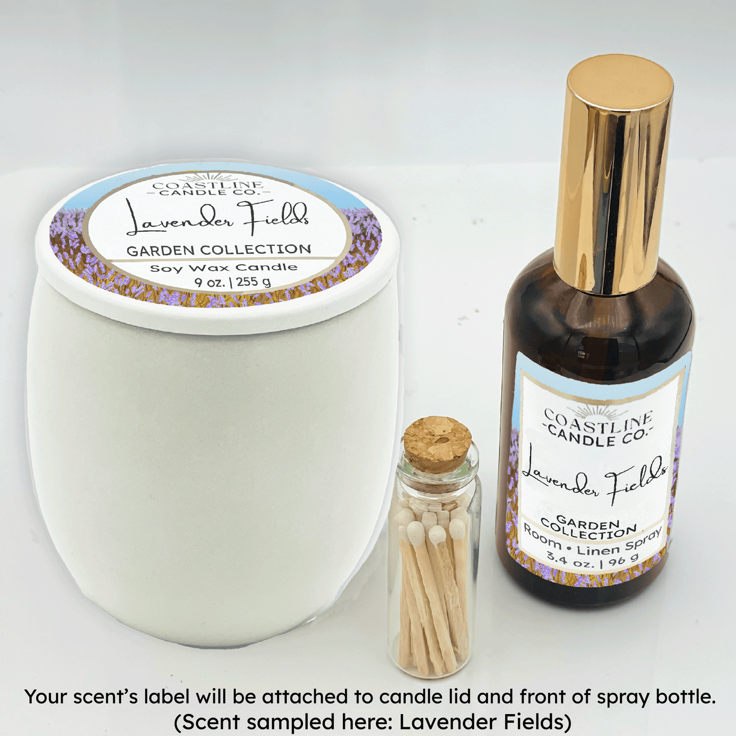 White Concrete 9 oz. Candle Jar & Room Spray Gift Set - your choice of scent with match stick bottle