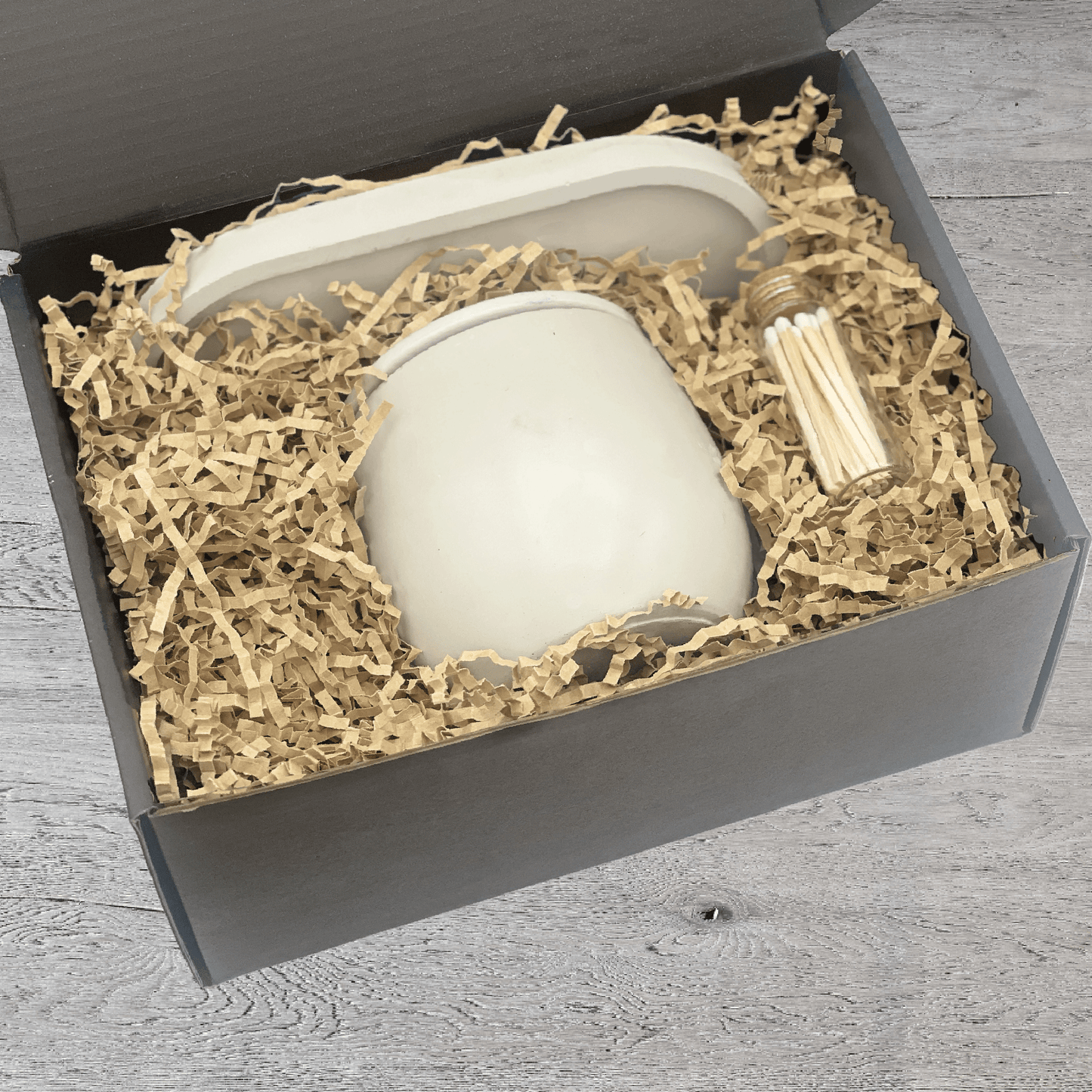 White 9 oz. Concrete Candle & Tray Gift Set - your choice of scent with match stick bottle