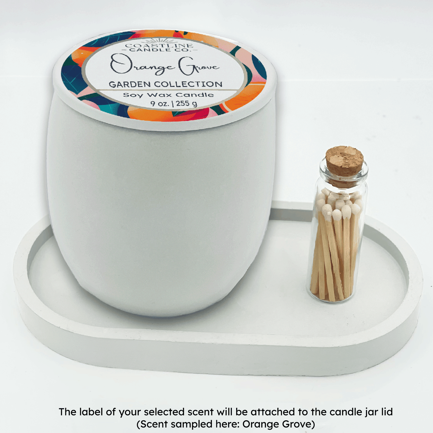 White 9 oz. Concrete Candle & Tray Gift Set - your choice of scent with match stick bottle