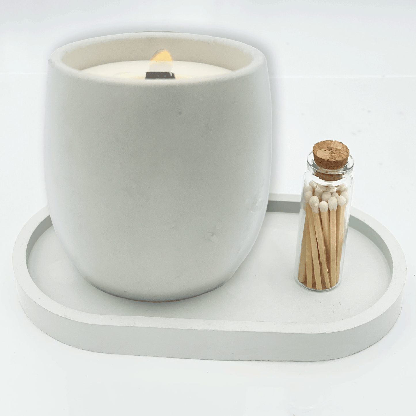 White 9 oz. Concrete Candle & Tray Gift Set - your choice of scent with match stick bottle