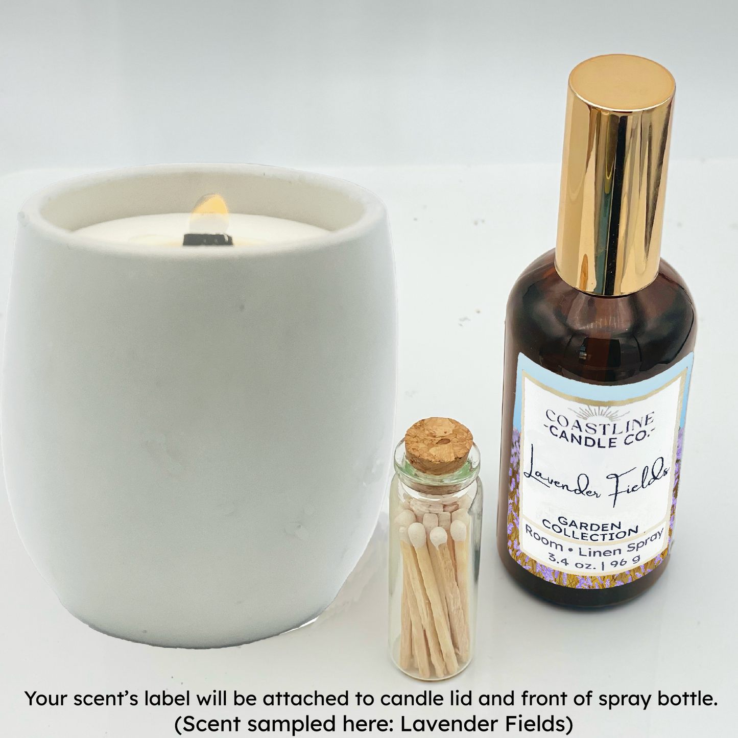 White Concrete 9 oz. Candle Jar & Room Spray Gift Set - your choice of scent with match stick bottle