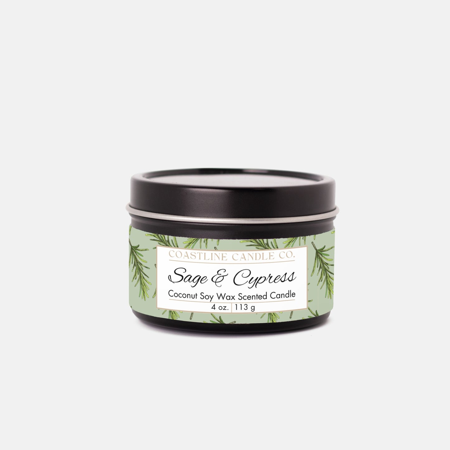 Sage & Cypress Scented Coconut Soy Wax Candle, 4 oz. Black Tin Jar with Lid