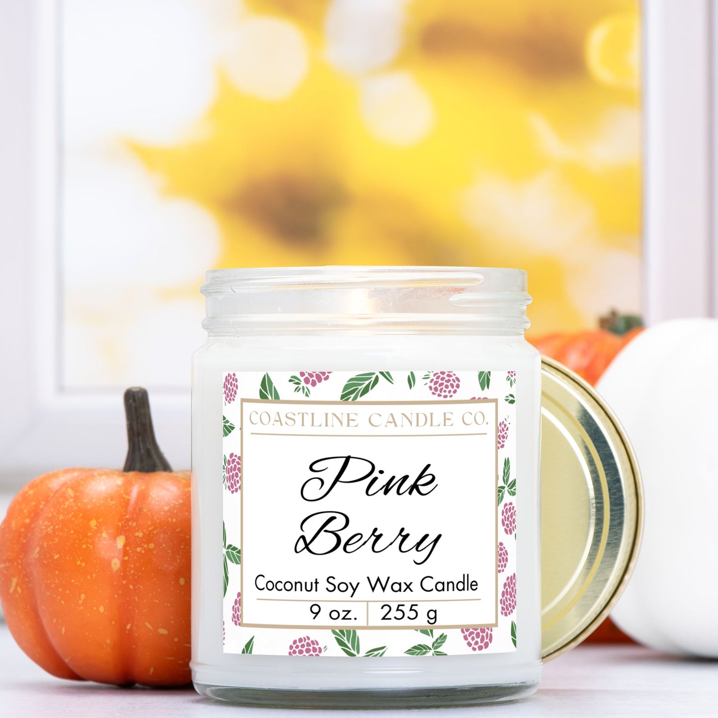 Pink Berry Scented 9 oz. Coconut Soy Wax Candle, Clear Jar with Gold Lid, Cotton Wick