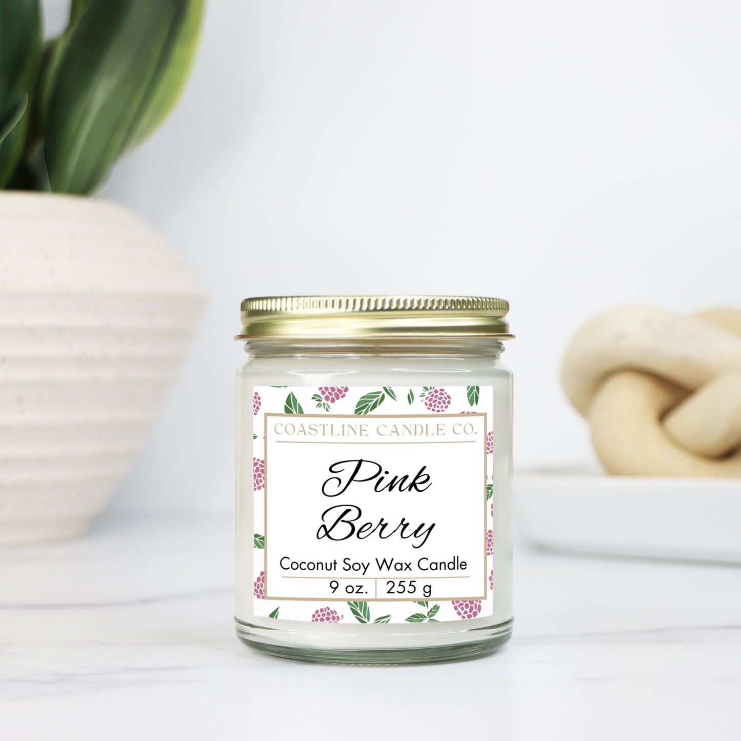 Pink Berry Scented 9 oz. Coconut Soy Wax Candle, Clear Jar with Gold Lid, Cotton Wick