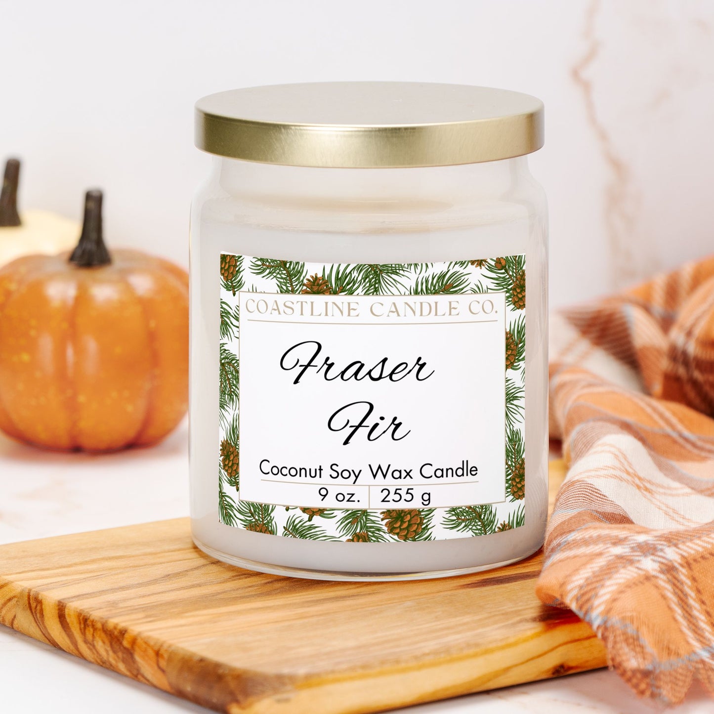 Fraser Fir Scented 9 oz. Coconut Soy Wax Candle, Clear Apothecary Jar with Gold Lid, Cotton Wick