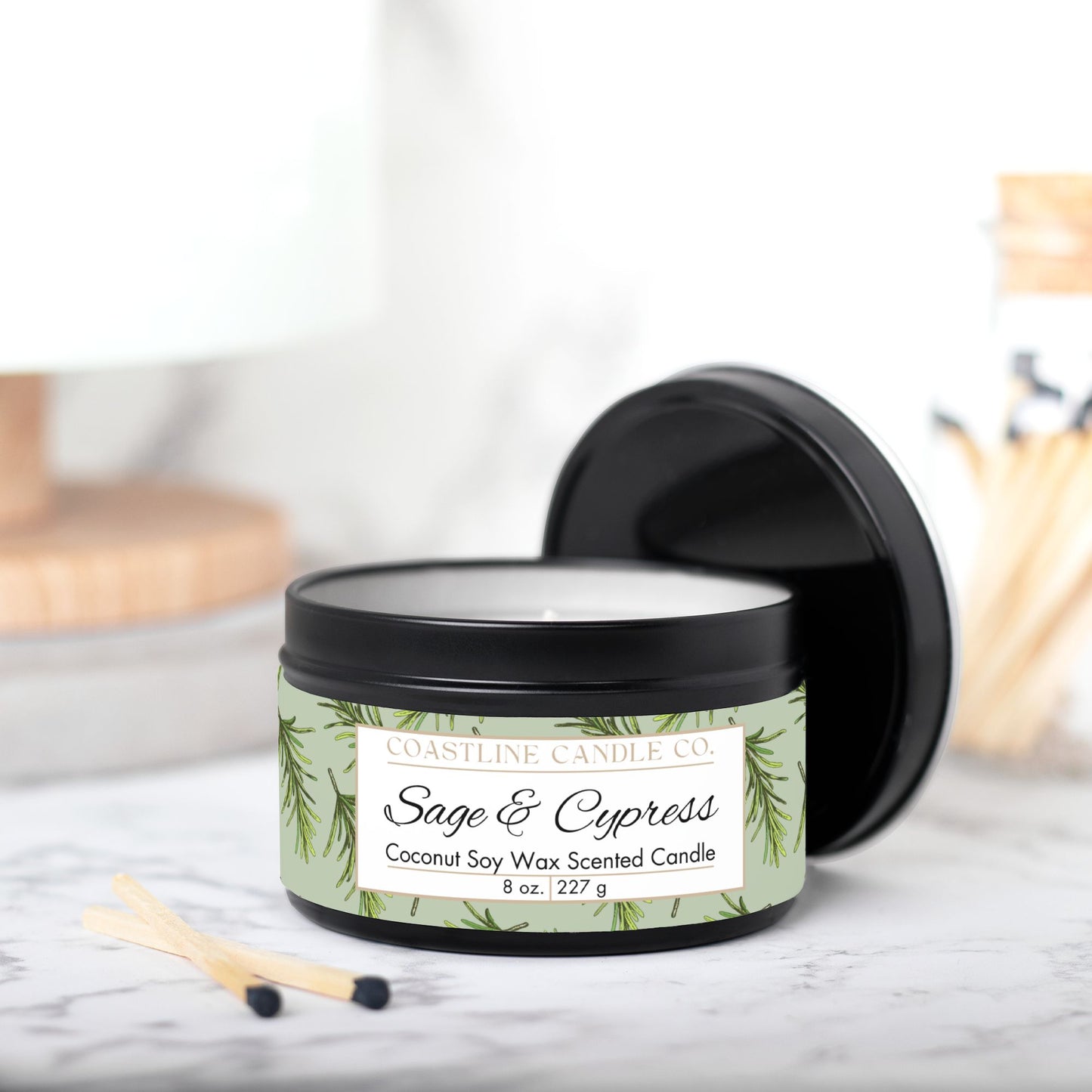 Sage & Cypress Scented Coconut Soy Wax Candle, 8 oz. Black Tin Jar with Lid