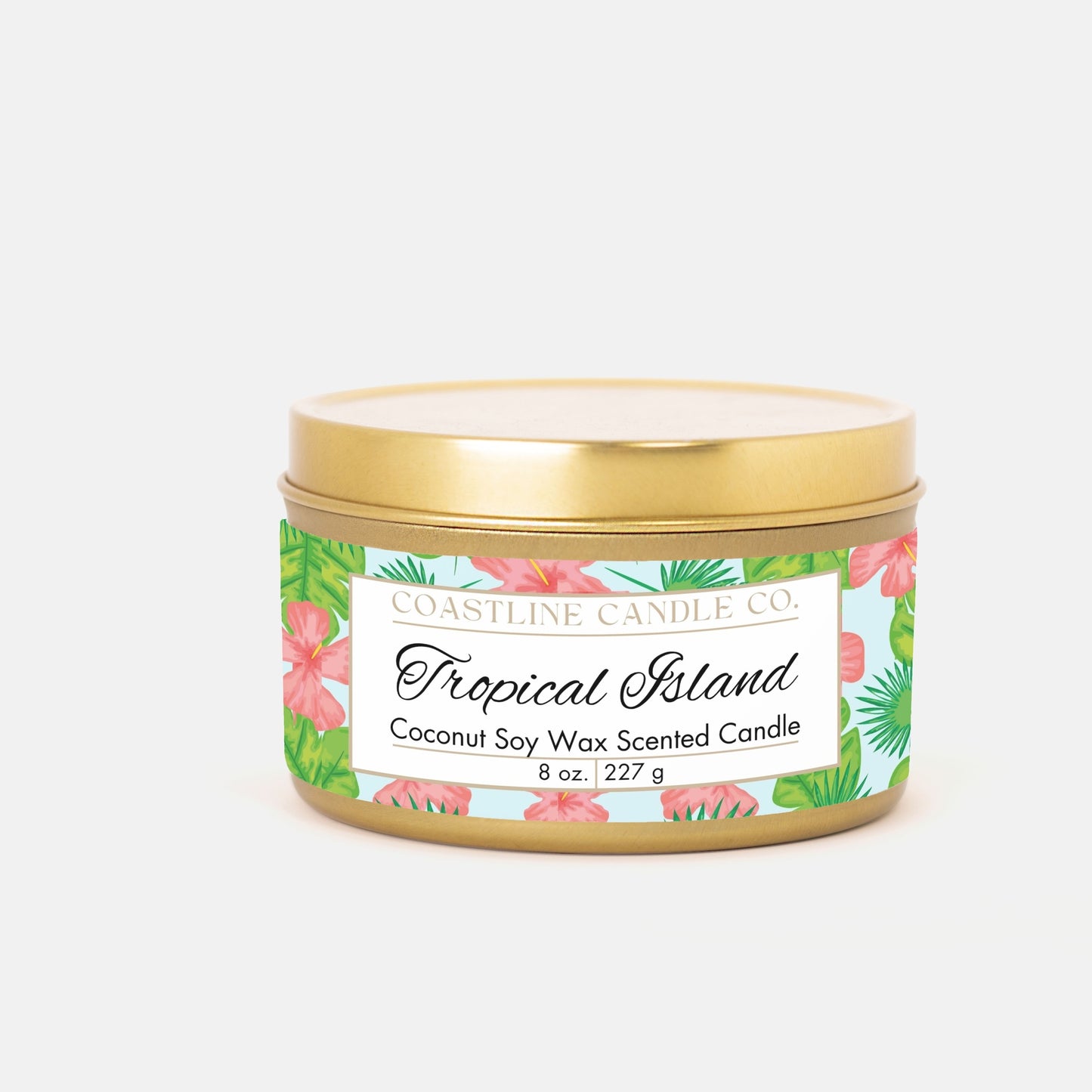 Tropical Island Scented Coconut Soy Wax Candle, 8 oz. Gold Tin Jar with Lid