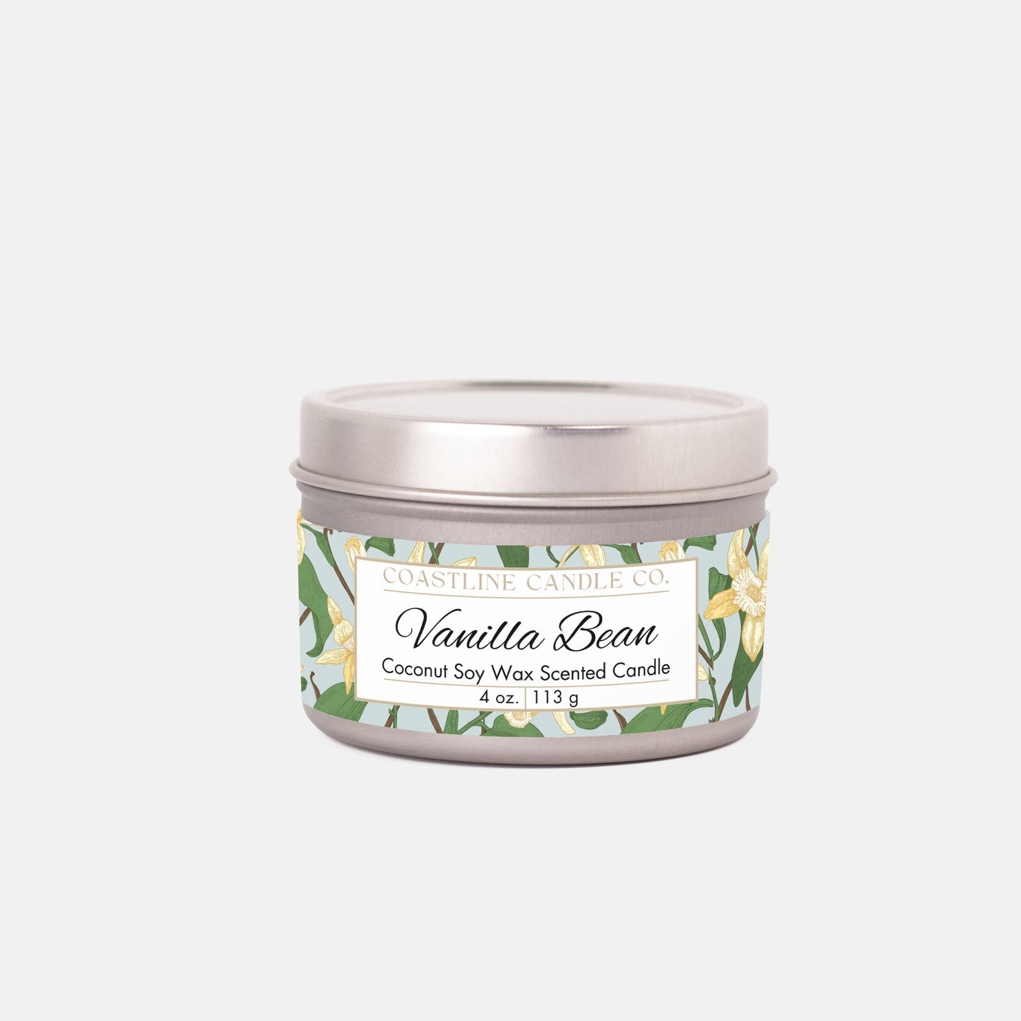 Vanilla Bean Scented Coconut Soy Wax Candle, 4 oz. Silver Tin Jar with Lid