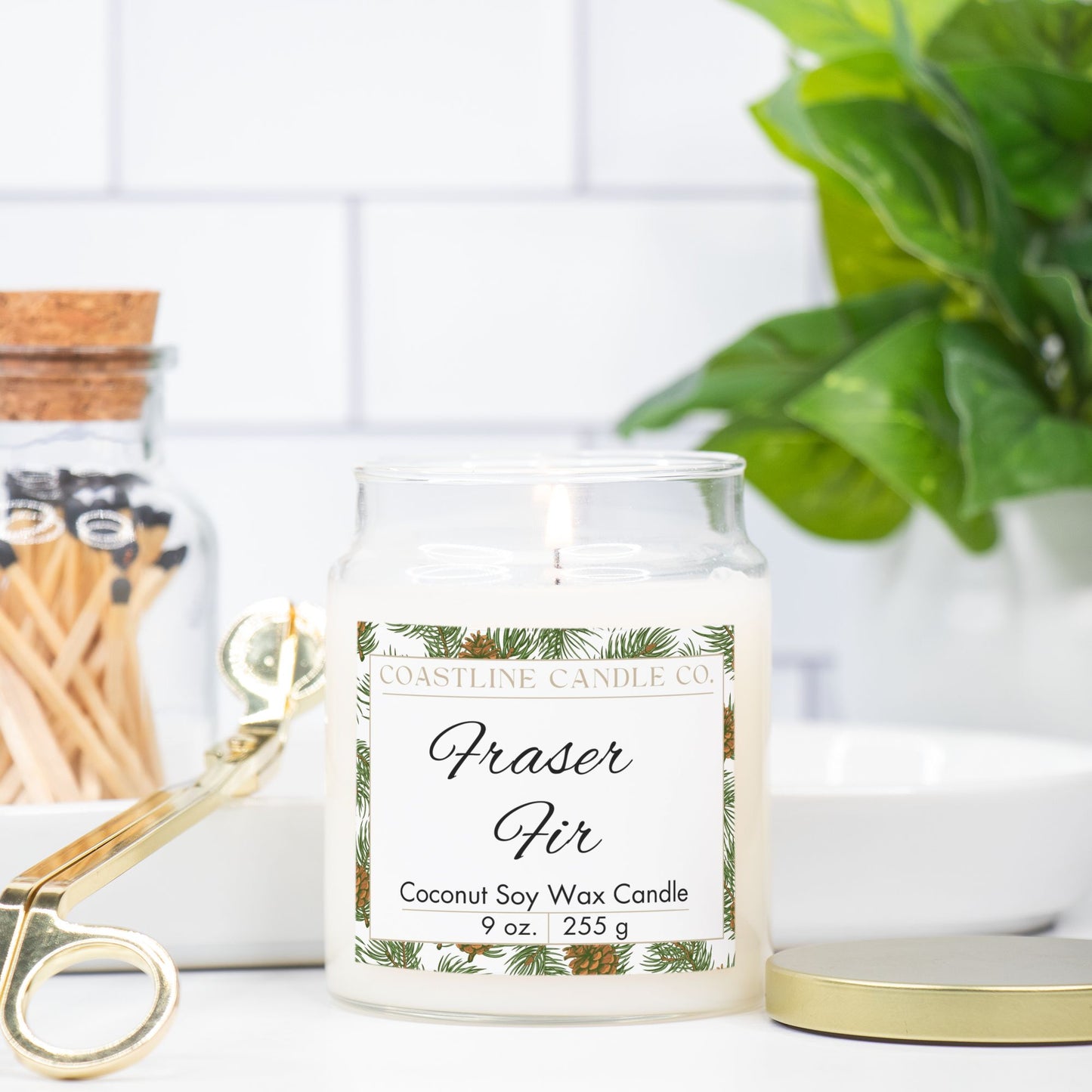 Fraser Fir Scented 9 oz. Coconut Soy Wax Candle, Clear Apothecary Jar with Gold Lid, Cotton Wick