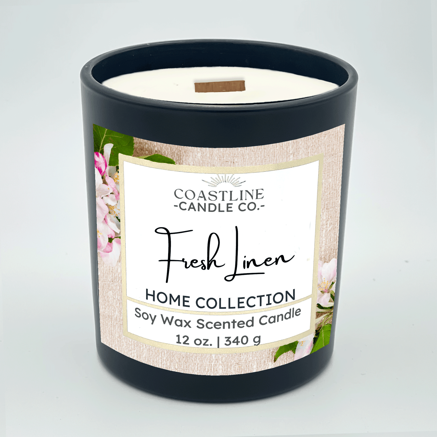 Fresh Linen Soy Wax Candle - Home Collection in 12 oz. Black Jar