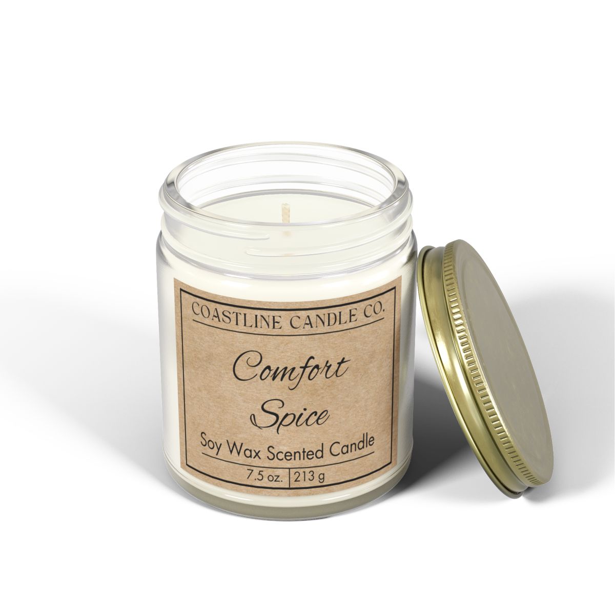 Comfort Spice 7.5 oz. Scented Soy Wax Candle, Clear Jar with Gold Lid - Kraft Label