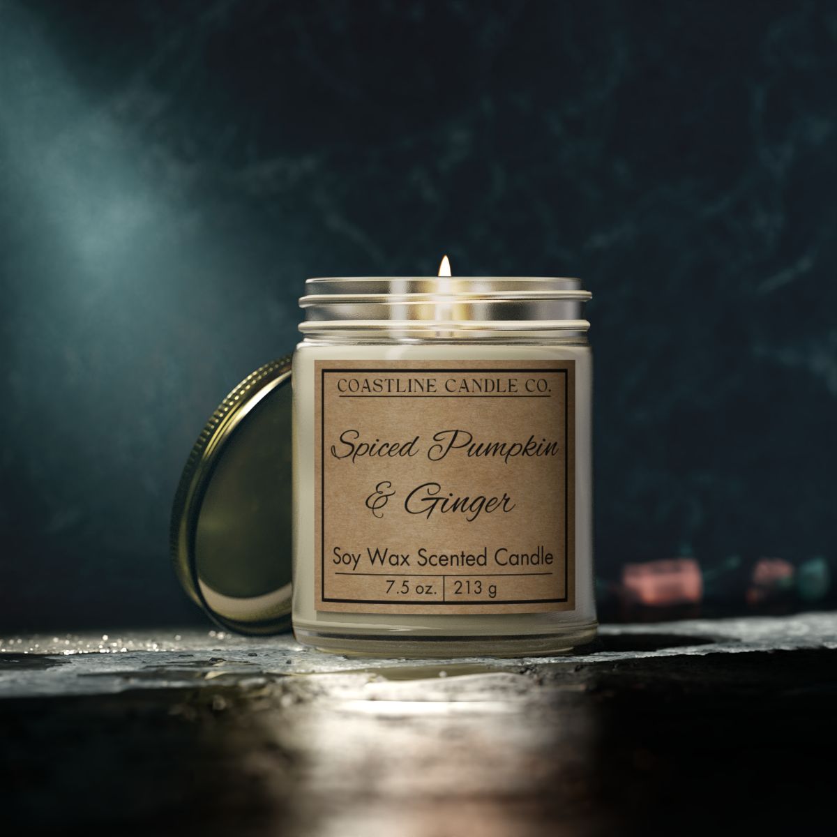 Spiced Pumpkin & Ginger Scented 7.5 oz. Soy Wax Candle, Clear Jar with Gold Lid - Kraft Label