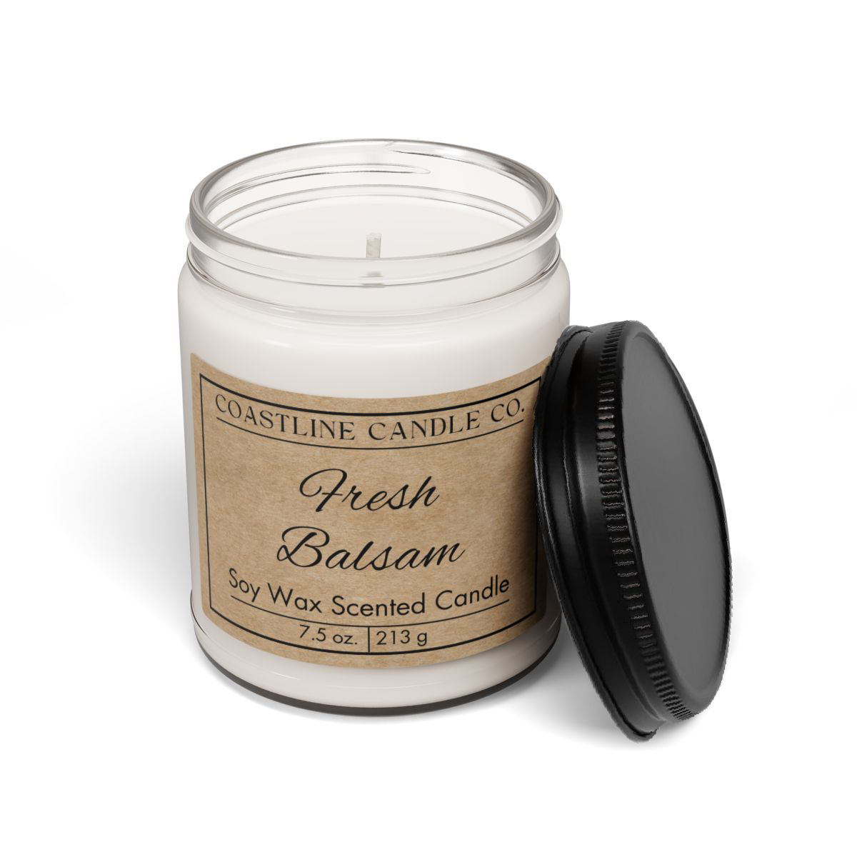 Fresh Balsam 7.5 oz. Scented Soy Wax Candle, Clear Jar with Matte Black Lid - Kraft Label