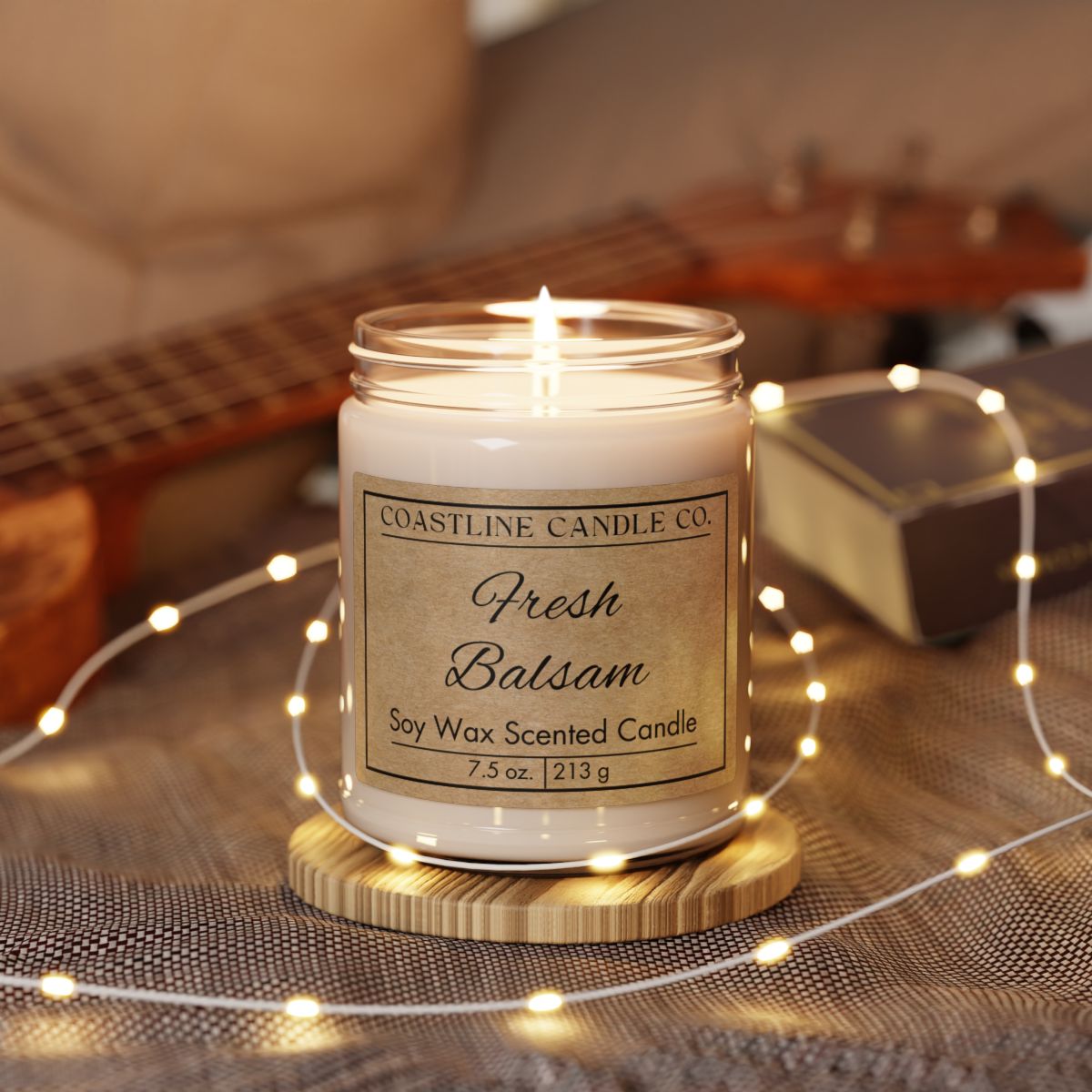 Fresh Balsam 7.5 oz. Scented Soy Wax Candle, Clear Jar with Matte Black Lid - Kraft Label