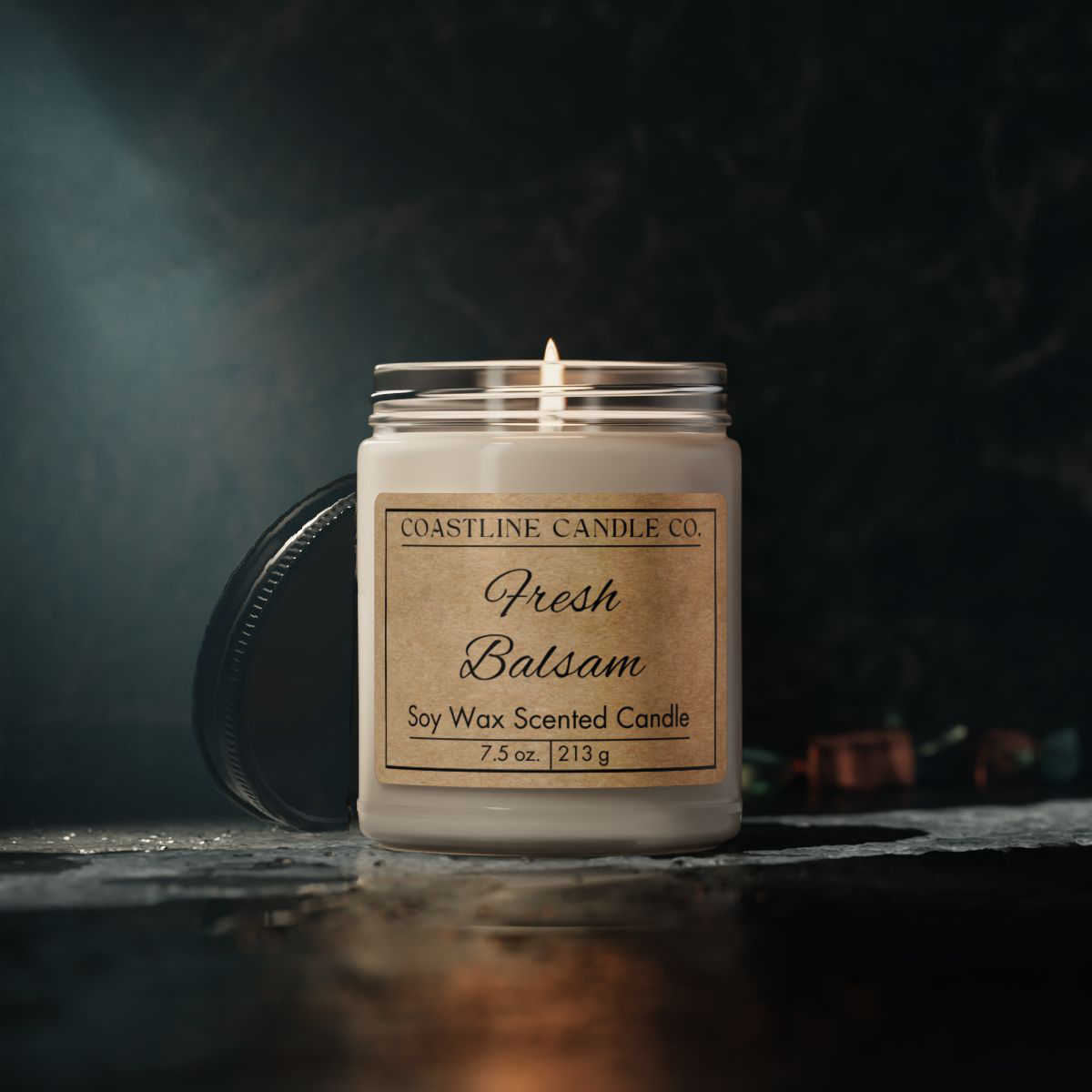 Fresh Balsam 7.5 oz. Scented Soy Wax Candle, Clear Jar with Matte Black Lid - Kraft Label