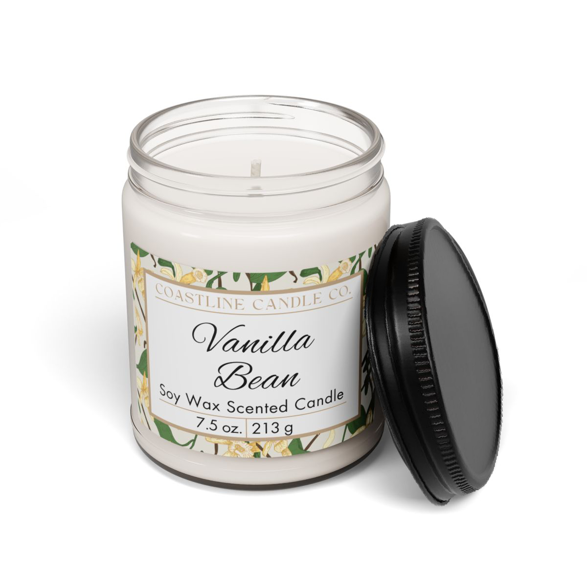 Vanilla Bean 7.5 oz. Scented Soy Wax Candle, Clear Jar with Matte Black Lid