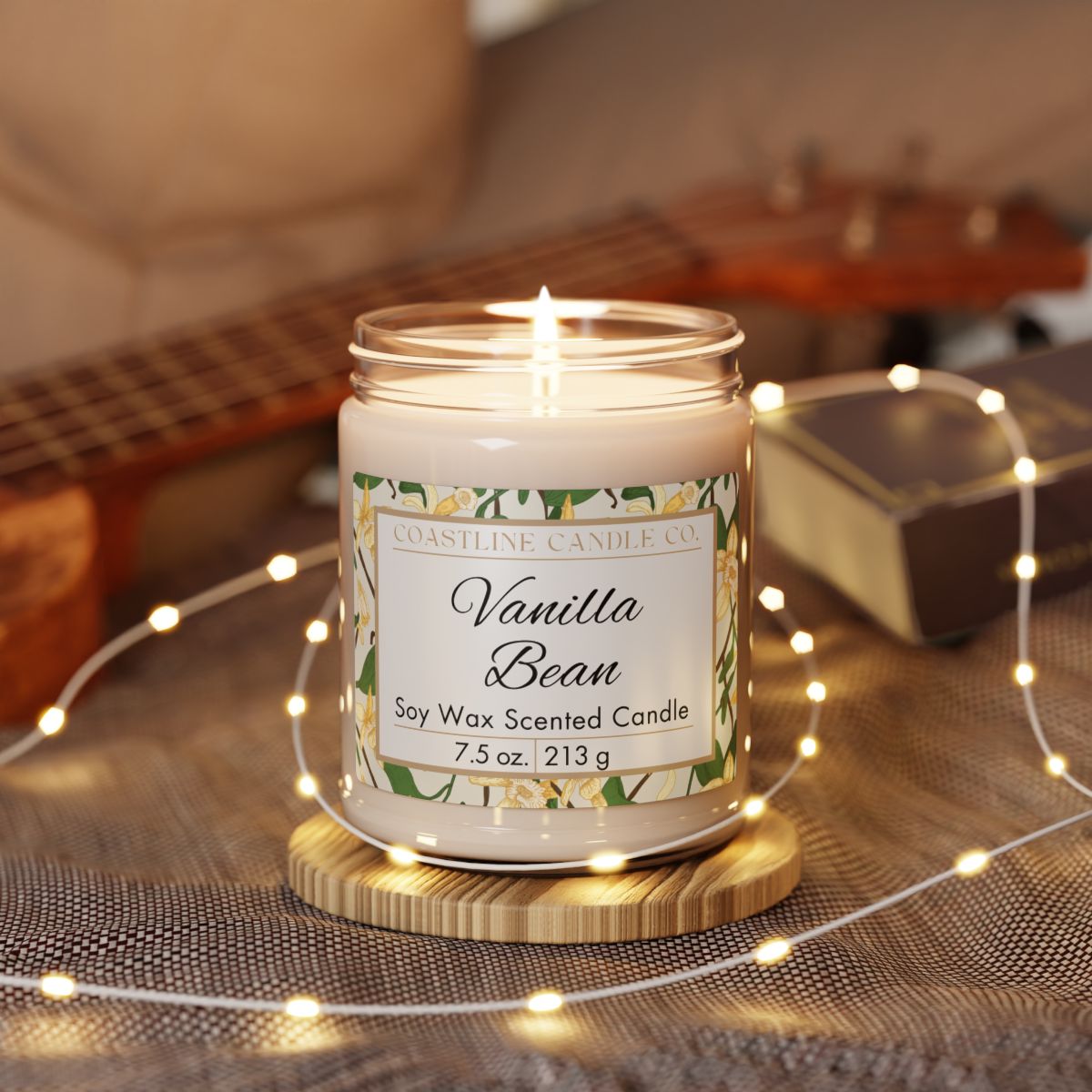 Vanilla Bean 7.5 oz. Scented Soy Wax Candle, Clear Jar with Matte Black Lid