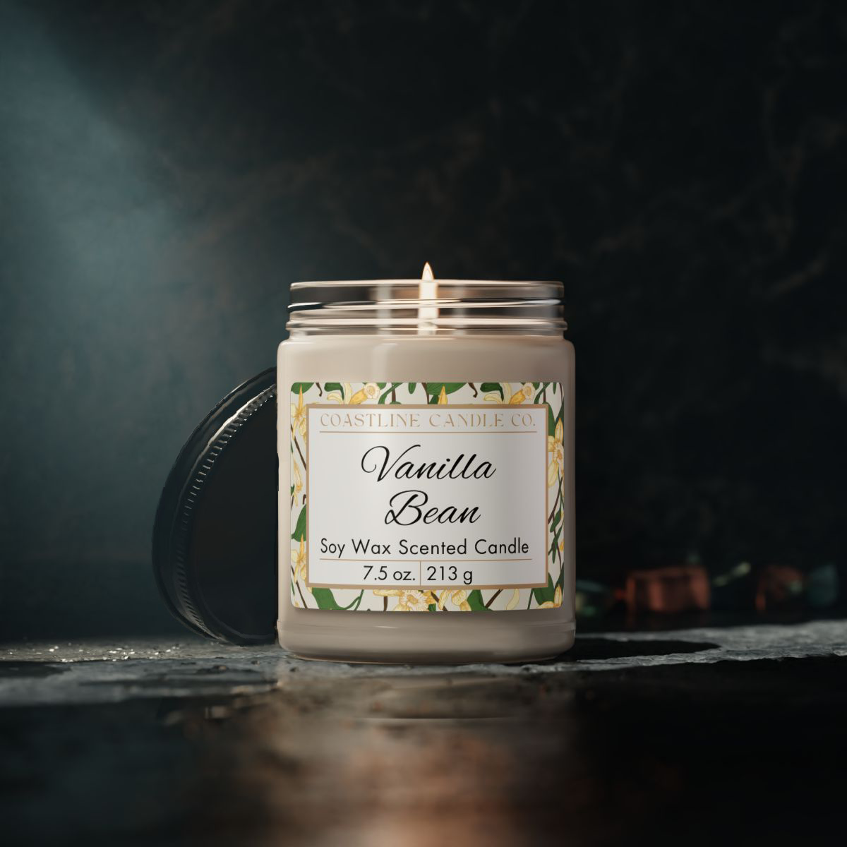 Vanilla Bean 7.5 oz. Scented Soy Wax Candle, Clear Jar with Matte Black Lid
